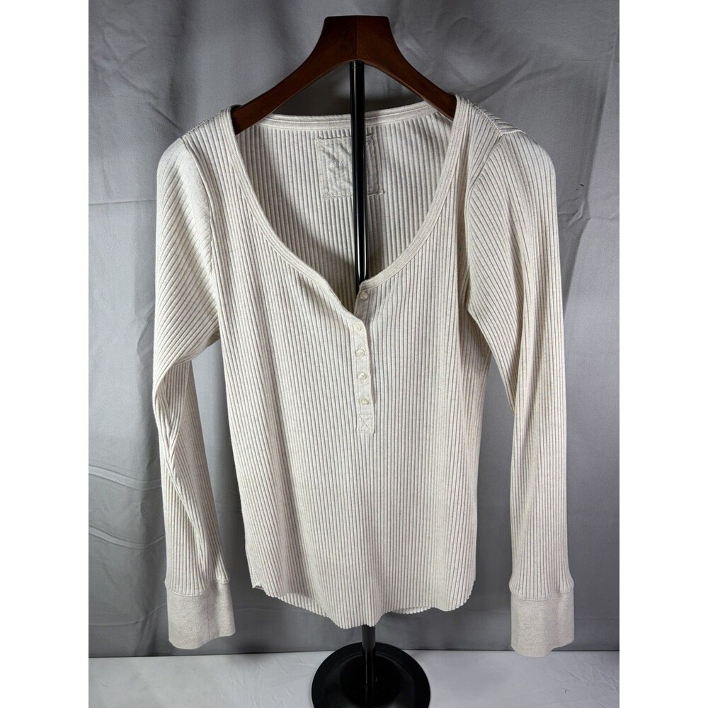 Aerie Top Women's Waffle-Knit Thermal Henley Long Sleeve Shirt Large Cream